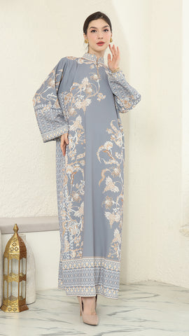 Grey Flower Long Dress Kaftan