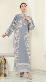 Grey Flower Long Dress Kaftan