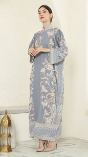 Grey Flower Long Dress Kaftan