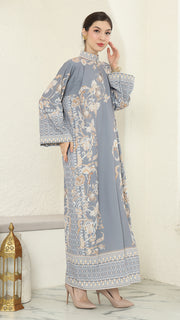 Grey Flower Long Dress Kaftan