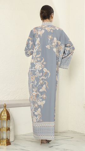 Grey Flower Long Dress Kaftan