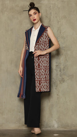 Brown Stripe Asymmetric Fringe  Ikat Vest