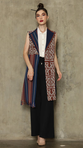 Brown Stripe Asymmetric Fringe  Ikat Vest