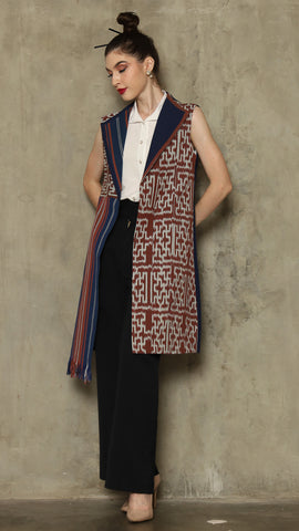 Brown Stripe Asymmetric Fringe  Ikat Vest