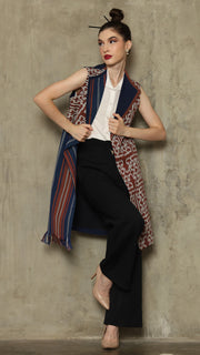 Brown Stripe Asymmetric Fringe  Ikat Vest