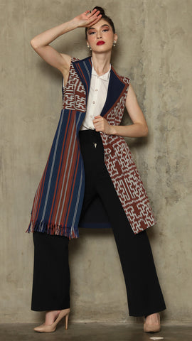 Brown Stripe Asymmetric Fringe  Ikat Vest