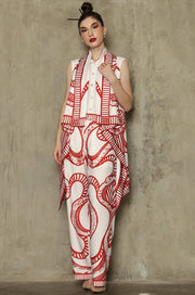 Red White Abstract Batik Vest Set