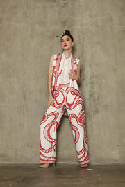 Red White Abstract Batik Vest Set