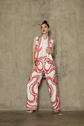 Red White Abstract Batik Vest Set