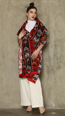 RED IKAT SHAWL OUTER 2IN1