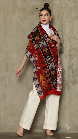 RED IKAT SHAWL OUTER 2IN1