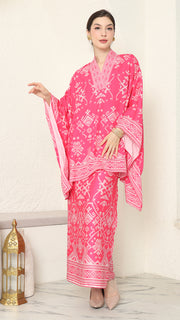 Pink Vneck Songket Sarong Set