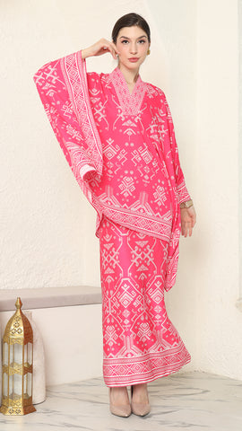 Pink Vneck Songket Sarong Set