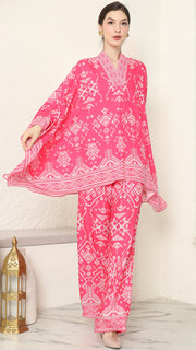 Pink V-neck Songket Pants Set