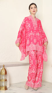 Pink V-neck Songket Pants Set