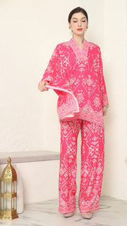 Pink V-neck Songket Pants Set