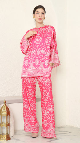 Pink R-neck Songket Pants Set