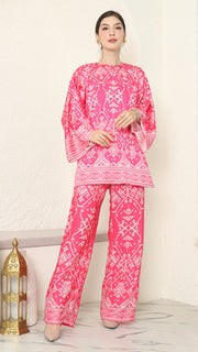 Pink R-neck Songket Pants Set