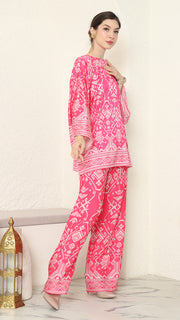 Pink R-neck Songket Pants Set