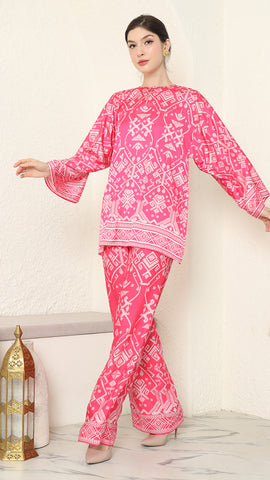 Pink R-neck Songket Pants Set