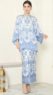 White Blue R-neck Songket Sarong Set