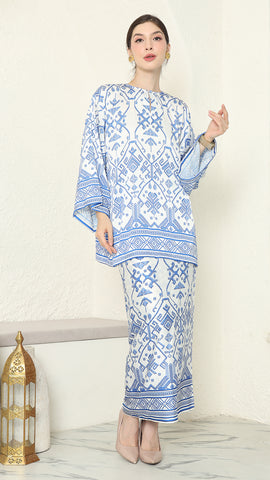 White Blue R-neck Songket Sarong Set