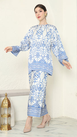 White Blue R-neck Songket Sarong Set