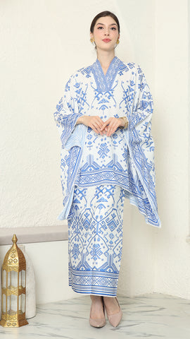 White Blue Vneck Songket Sarong Set