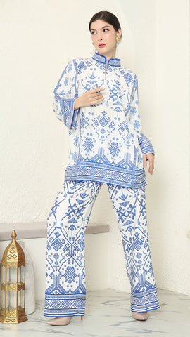 White Blue Songket Pants Set