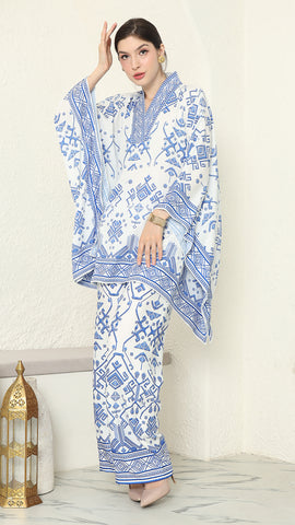 White Blue V-neck Songket Pants Set