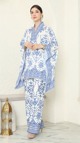 White Blue V-neck Songket Pants Set