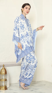 White Blue V-neck Songket Pants Set