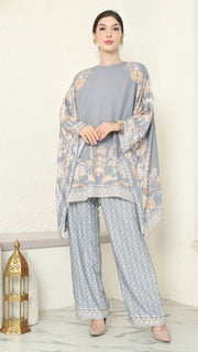 Grey Flower R-neck Pants Set