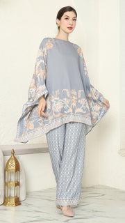 Grey Flower R-neck Pants Set