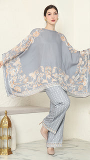 Grey Flower R-neck Pants Set