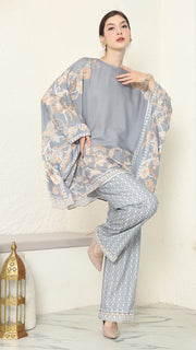 Grey Flower R-neck Pants Set