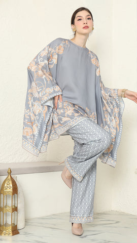 Grey Flower R-neck Pants Set