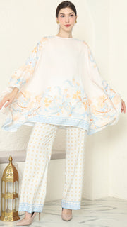 White Blue Flower R-neck Pants Set