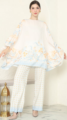 White Blue Flower R-neck Pants Set