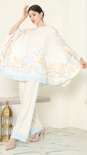 White Blue Flower R-neck Pants Set