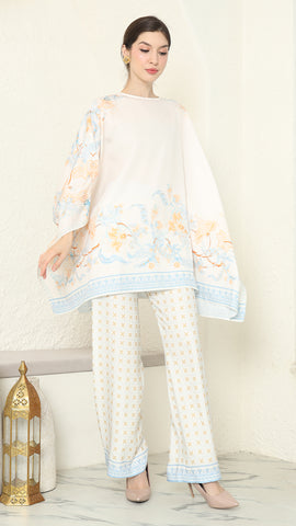 White Blue Flower R-neck Pants Set