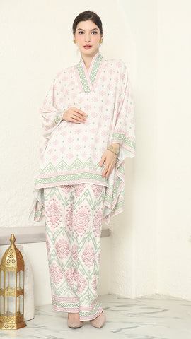 Baby pink V-neck songket pants set