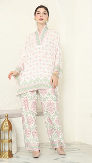 Baby pink V-neck songket pants set