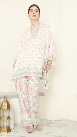 Baby pink V-neck songket pants set