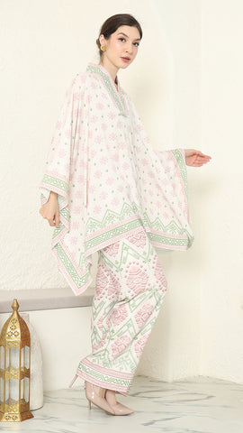 Baby pink V-neck songket pants set