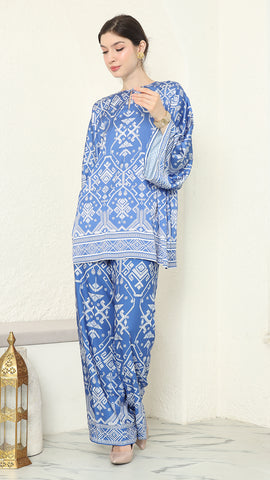 Blue R-neck Songket Pants Set