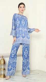 Blue R-neck Songket Pants Set