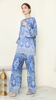 Blue R-neck Songket Pants Set