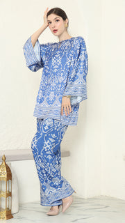 Blue R-neck Songket Pants Set