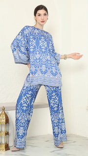 Blue R-neck Songket Pants Set